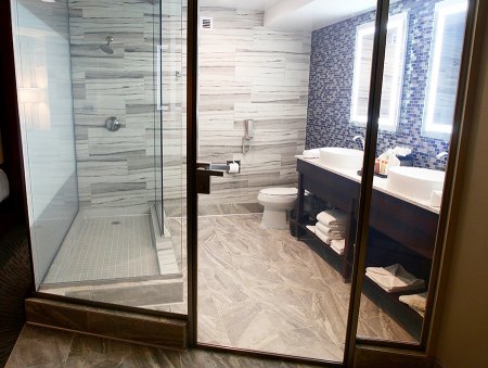 An updated bathroom facility is shown by the Tachi Palace Casino Resort. 